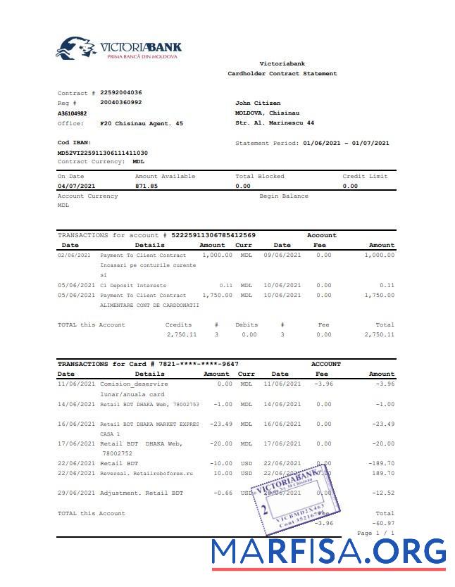 Downloadable Moldova Victoriabank bank statement excel real example